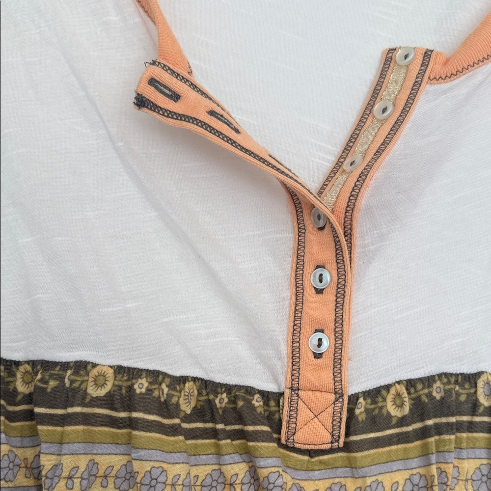 Free People Cream Scoop-Neck Blouse with Peach Trim & Olive Floral Hem - Picture 3 of 6